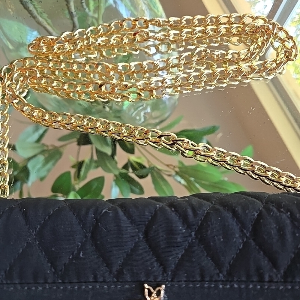 One of a kind Black Quilted Bag with 50"Gold Chain Upcycled Designer Gold BEE - Picture 4 of 12